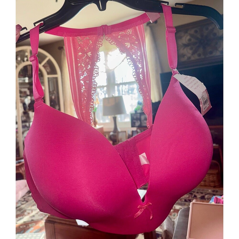Cacique Simply Wire Free Plunge Bra Size 42C Racerback Lace Molded Cups Pink